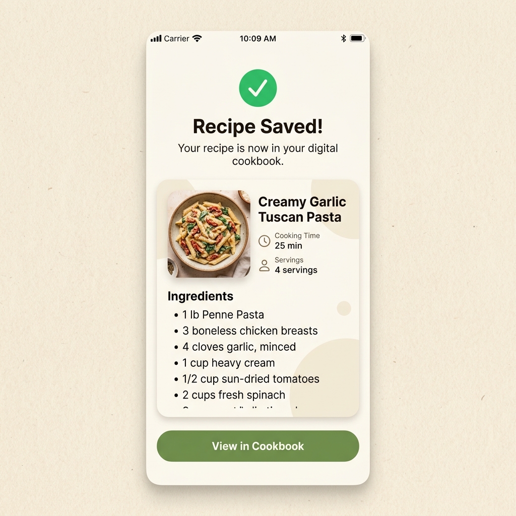 Recipe saved confirmation screen in Recipio