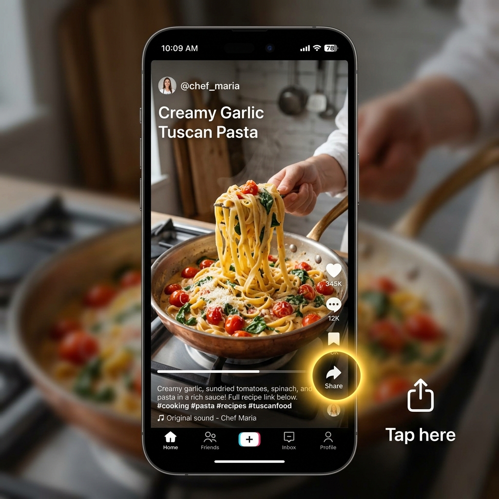 A cooking video on TikTok with the share button highlighted