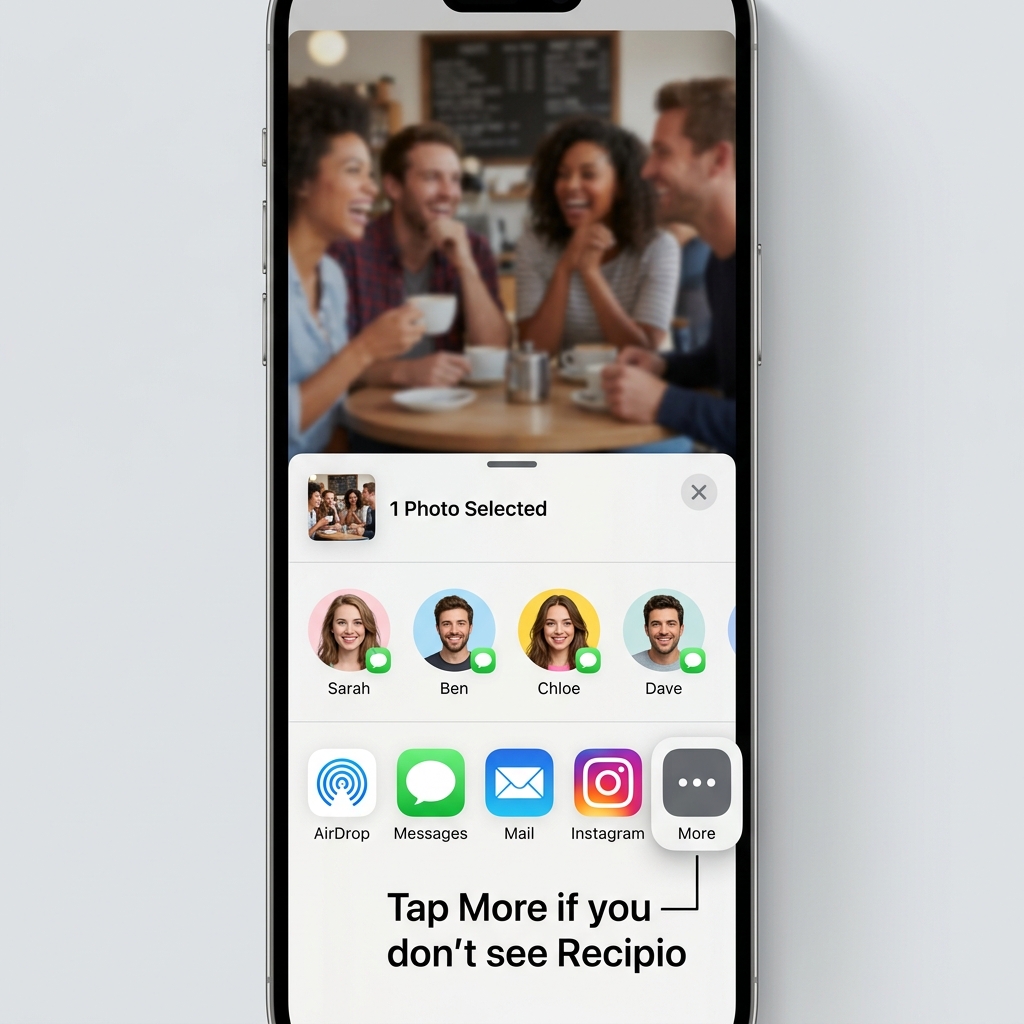 iOS Share Sheet with the More button highlighted