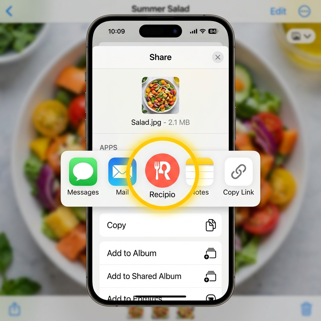 iOS Share Sheet showing the Recipio app icon